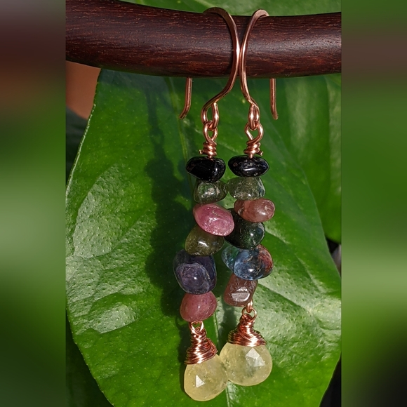 Rainbow Tourmaline Gemstone Earrings Artisan Copper Wire Wrap Design - Picture 6 of 14
